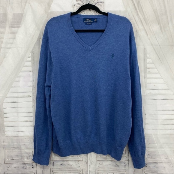 Polo Ralph Lauren Mens Large Solid Blue Sweater V Neck Long Sleeve Pima Cotton - Picture 1 of 7